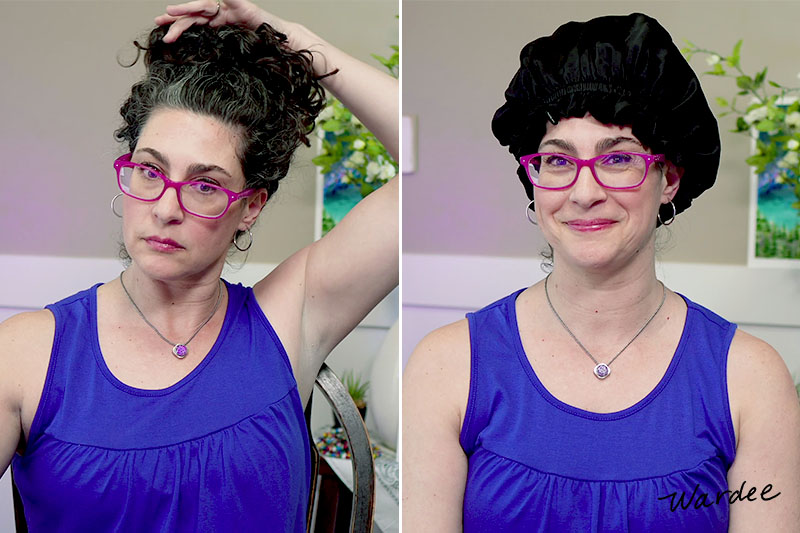 Photo collage of a woman putting her curly hair into a silk bonnet to protect her curls overnight.