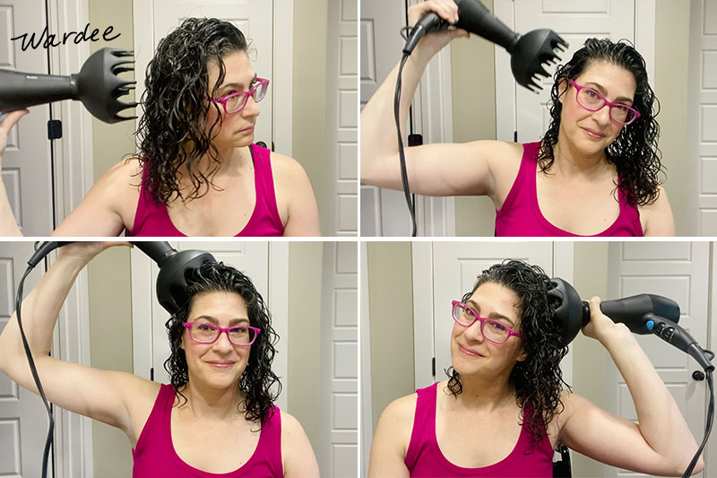 Photo collage of a woman diffusing her hair using neck-safe positions.