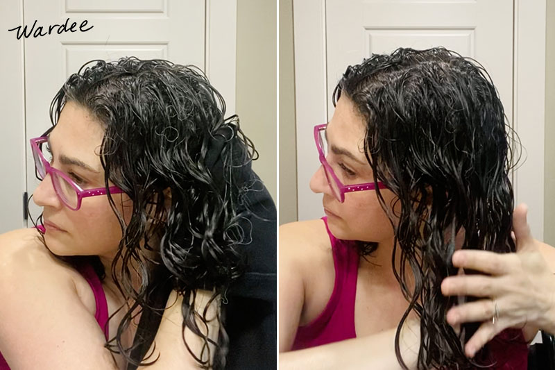 Photo collage of a woman with wet hair, scrunching out excess water with a microfiber towel, and then applying more products to her hair.