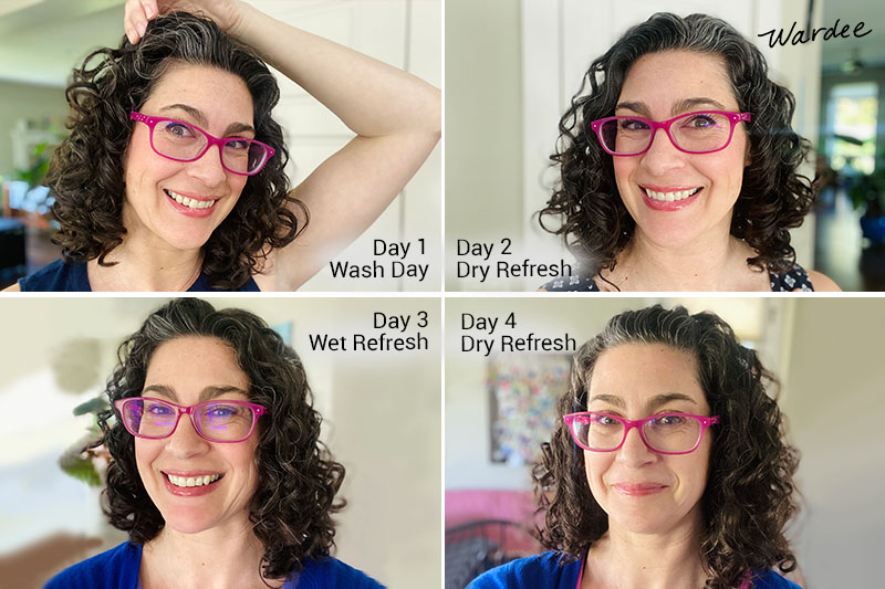 4-photo collage of a smiling woman with curly hair and pink glasses: 1) Day 1 wash day 2) Day 2 dry refresh 3) Day 3 wet refresh and 4) Day 4 dry refresh