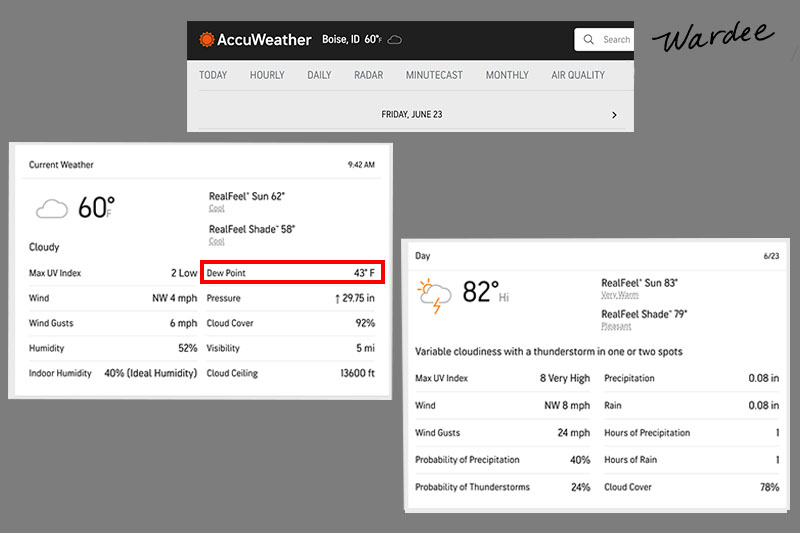 Screenshot of the weather in Boise, Idaho on 6/23/23. The dew point is 43 degrees Fahrenheit.